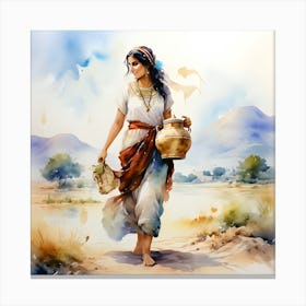 Watercolor Of A Woman Carrying Water Canvas Print