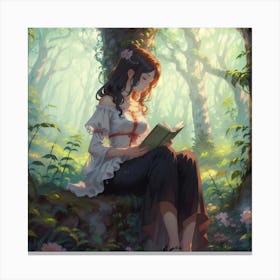 Girl With Flower On A Tree In The Forest Canvas Print