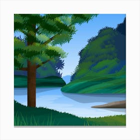 Stylized Landscape Scenic Forest Tree River Environment Vista Green Blue Summer Woods Trunk Branches Nature Canvas Print