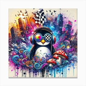 Penguin In Headphones Canvas Print