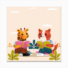 Giraffe And Fox Reading Canvas Print