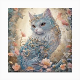 Blue Cat With Flowers Canvas Print