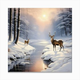 Siervos En Un Bosques Nevado, Ceca De Un Frio Curso De Agua Canvas Print