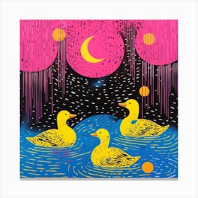 Duckling Colourful In The Pond Linocut Style 4 Canvas Print