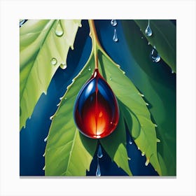 A Close Up Of A Glossy, Red And Blue Orb Resting On A Green Leaf With Water Droplets Canvas Print