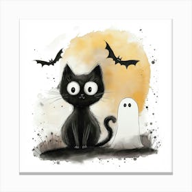 Cute Halloween Black Cat & Ghost Canvas Print