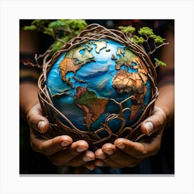 A Hand Of Earthy Brown Weaves Cradling A Detailed Miniature Globe Veins And Tendons Popping Against (4) Canvas Print