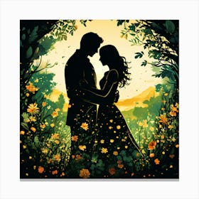 Couple In The Forest, Silhouettes Of Two People Hugging Surrounded By Elements Of Nature Flowers Trees Growing Canvas Print