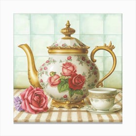 A very finely detailed Victorian style teapot with flowers, plants and roses in the center with a tea cup 16 Canvas Print