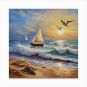 Oil painting design on canvas. Sandy beach rocks. Waves. Sailboat. Seagulls. The sun before sunset.2 Canvas Print