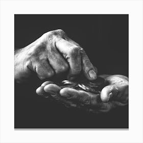 Black And White Photo Of Old Man Hand Holding Coins Canvas Print