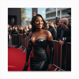 A Sexy Black Woman Voluptuous In A Black Latex Dress Smiling to Crowd A On the Red Carpet Near Gate - Created by Midjourney Canvas Print