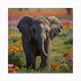 Baby Elephant In A Field Of Flowers Canvas Print