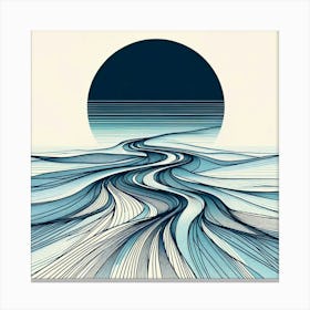 "Moonscape Currents"   Sweeping lines flow across the canvas, creating a mesmerizing landscape under a grand celestial body. This artwork combines the tranquility of a moonlit sky with the dynamic movement of the tides, offering a serene yet powerful visual experience. Its striking use of line and contrast makes it a captivating centerpiece for any space. Canvas Print