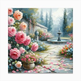 Rose Garden With The Fountain, Acrylic Style Painting 7 Canvas Print