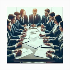 A group of serious business professionals in suits and formal attire sit around a conference table engaged in a meeting, discussing important matters with pens and notepads in hand, while the sunlight streams in through the office windows. Canvas Print