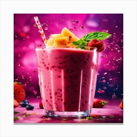 Smoothie With Berries On Pink Background Canvas Print