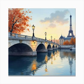 Parisian Bridge In Watercolor With Romantic Evening Lights And Soft Reflections 1 Canvas Print