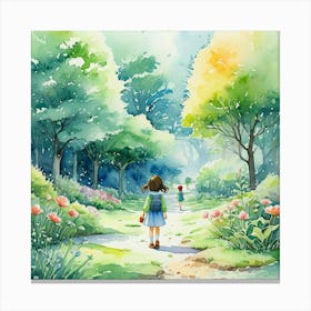 Watercolor Of A Girl Walking In The Park Canvas Print