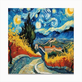 The Starry Night of the Great Wall of China through the unique Impressionist school of Vincent Van Gogh Canvas Print