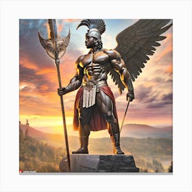 Firefly The Image Depicts A Statue Of A Muscular Man With A Large Winged Helmet, Holding A Spear In Canvas Print