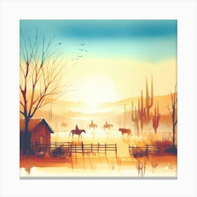 Watercolor Cowboys In The Countryside Canvas Print