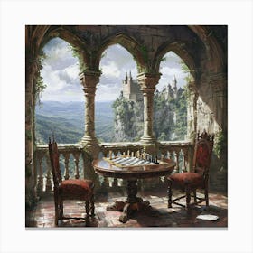 Idyllic Castle Balcony View With Chessboard And Scenic Vista Canvas Print