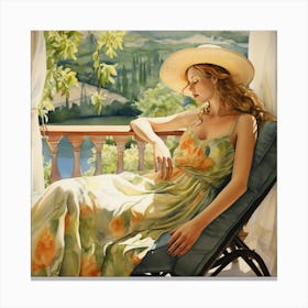 Woman Relaxing On Patio Canvas Print