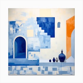 Abstract Minimalist Contemporary Art Print - Blue, Orange & White Archways With Pots Canvas Print