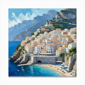 Italy, Amalfi Coast Cute Illustration In Blue Art Print 1 Canvas Print