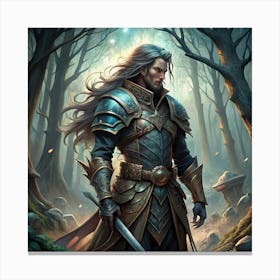 A Man In Armor With A Sword Standing In A Forest Canvas Print