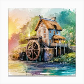 Watercolor Watermill By The River Canvas Print