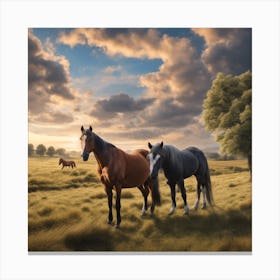 Horses In A Field Canvas Print