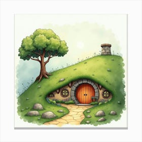 Watercolor Scene Of A Cozy Hobbit Hole Nestled In A Hillside 1 Canvas Print