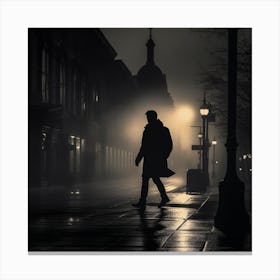 Man Walking At Night In The Fog Canvas Print