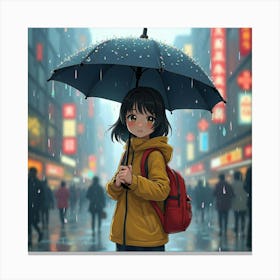 A Young Girl Holding An Umbrella, With Colorful Raindrops Falling Around Her In A Vibrant City Canvas Print