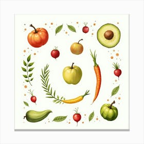 Delicate Watercolor Artwork Of Assorted Fruits And Veggies In An Appealing Display 1 Canvas Print