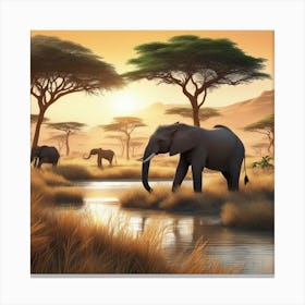African Elephants In The Savannah Canvas Print