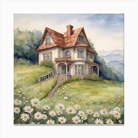 Watercolor House With Daisies 1 Canvas Print