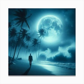 Man Walking On The Beach At Night Canvas Print