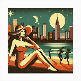 Girl At The Beach Vintage Poster Canvas Print