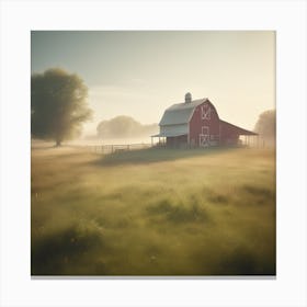 Red Barn In The Mist 2 Canvas Print