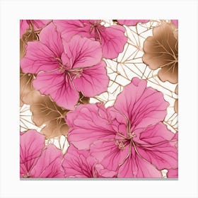 Seamless Pattern Of Elegant Geranium Floral Motifs In Pink, Adorned With Gold Lines Canvas Print