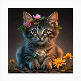 Kitty With Flowers Canvas Print