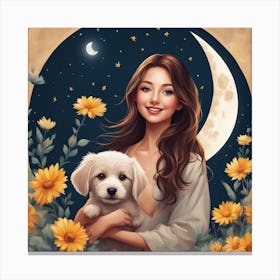 Artistic Look Of A Happy Girl Seen In The Camera Moon Cute Puppy And A Flower 395928042 Canvas Print