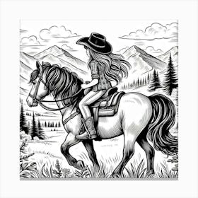 Line Art girl rider on a horse 1 Canvas Print