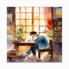 Watercolor Of A Boy Writing Canvas Print