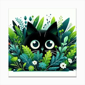 Black Cat In Green Leaves 1 Canvas Print