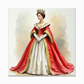 Watercolor Painting Of Queen Elizabeth I, Elegant Robes, Majestic Setting 1 Canvas Print