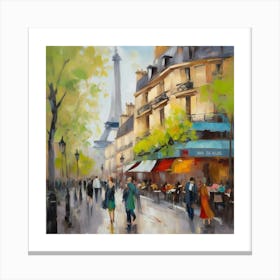 Paris Street Scene.Paris city, pedestrians, cafes, oil paints, spring colors. Canvas Print
